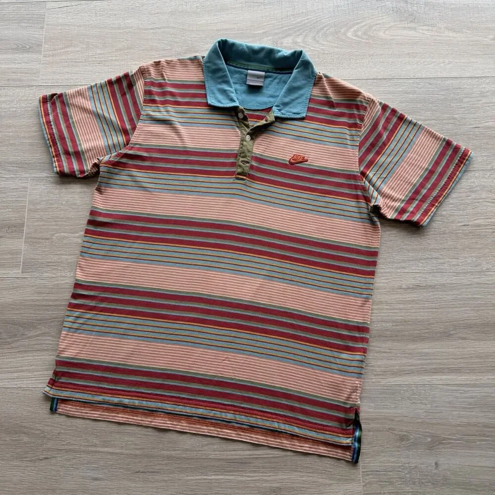 Nike VTG 90’s Striped Rugby Polo Shirt Orange & Blue Men’s Large Swoosh Cotton